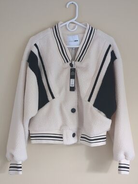 NWT Large Fashion Nova Lynette Varsity Jacket Ivory And Black Fleece Soft